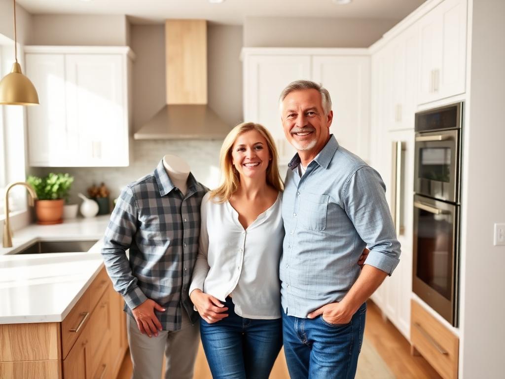 Happy homeowners in their newly remodeled kitchen